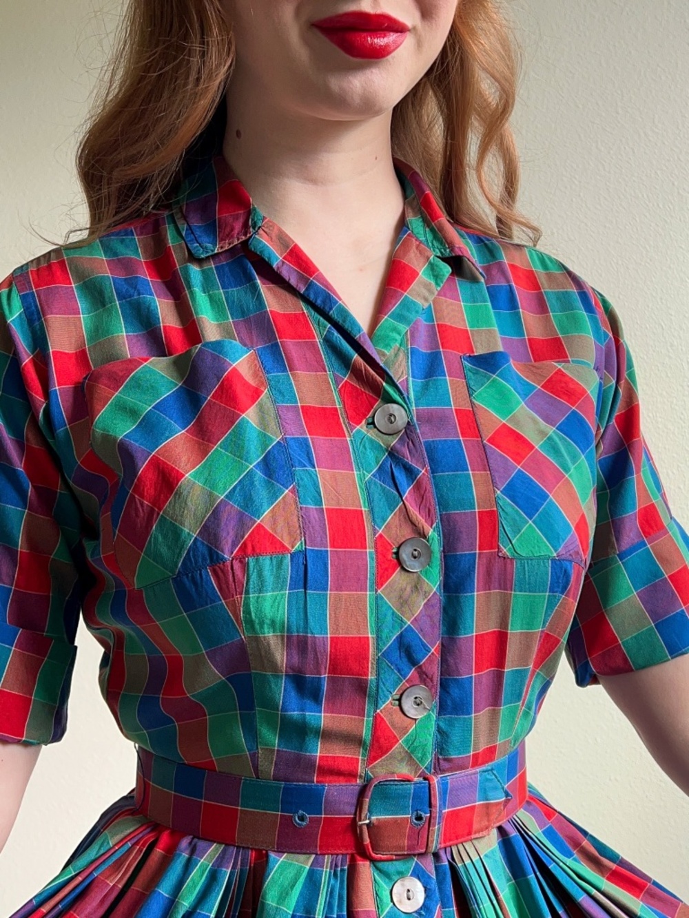 Gorgeous Vintage 1950s Red, Green, and Blue Plaid Silk Dress (S) - Picture 2 of 15